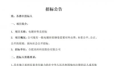 合肥九洲国际官网电镀锌售卖招标布告